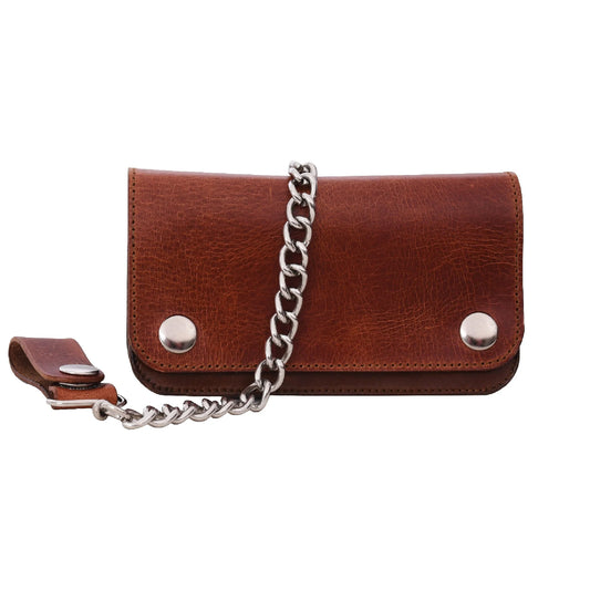 Vintage Distressed Leather Long Biker Wallet with Single Snap Tab (Cognac Brown Edition)