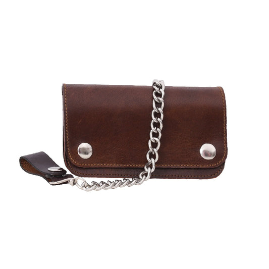 Rugged Distressed Leather Mid-Size Trucker Wallet with Belt Loop Chain Link (Mahogany Brown Edition)