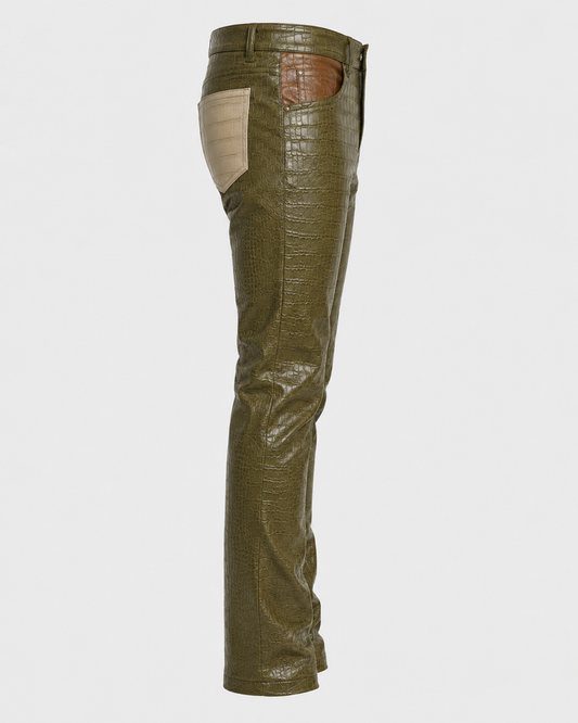 Olive Croc Embossed Leather Pants with Contrast Patch Pockets