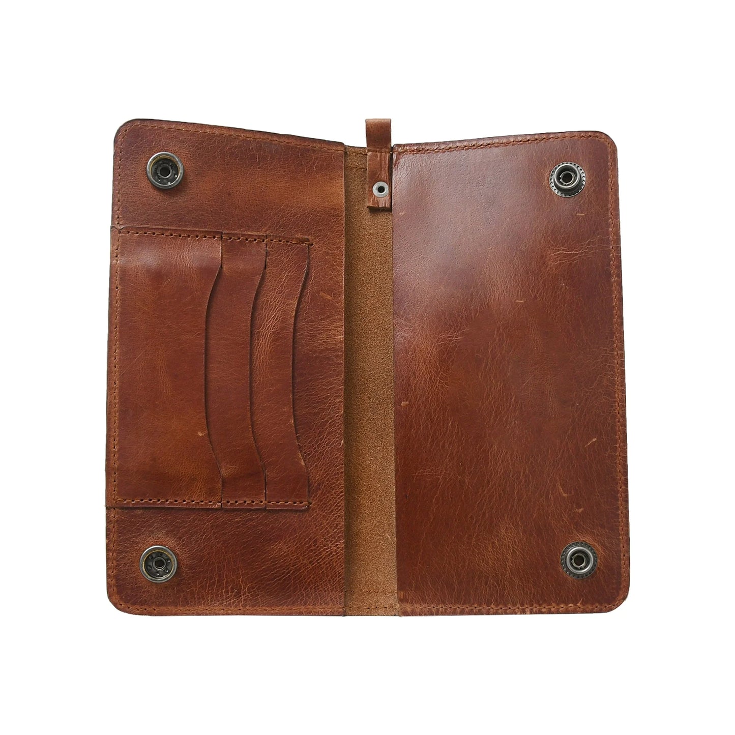 Vintage Distressed Leather Long Biker Wallet with Single Snap Tab (Cognac Brown Edition)