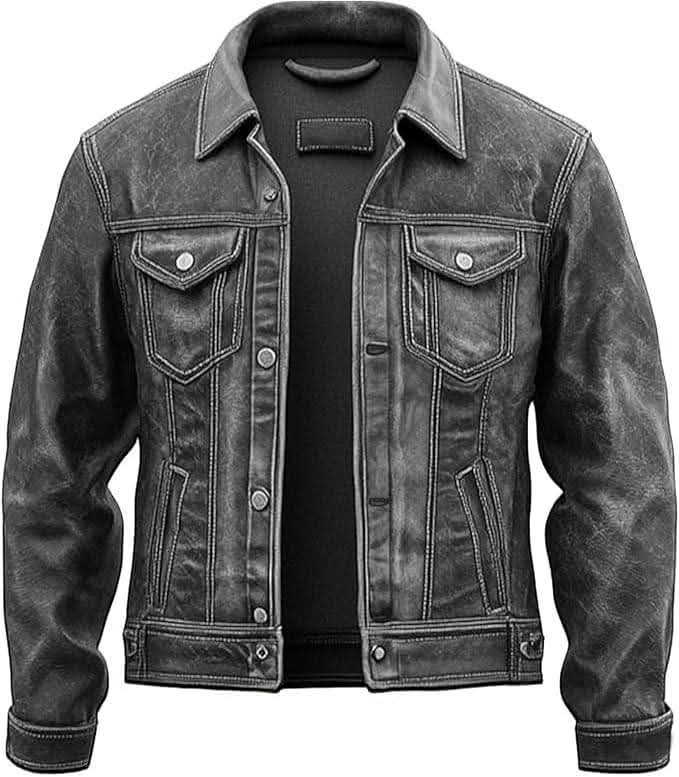 Men's Distressed Leather Trucker Jacket.
