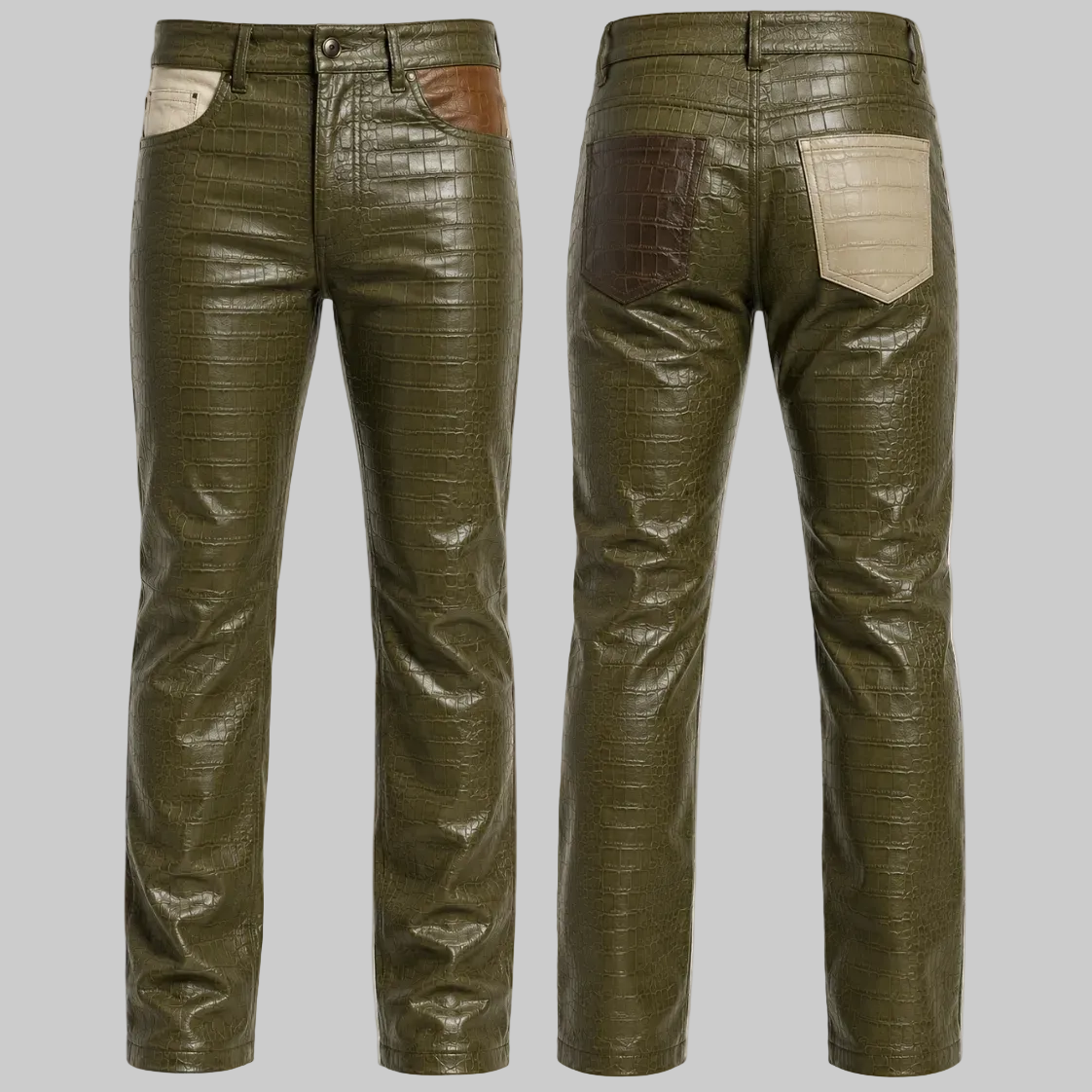Olive Croc Embossed Leather Pants with Contrast Patch Pockets