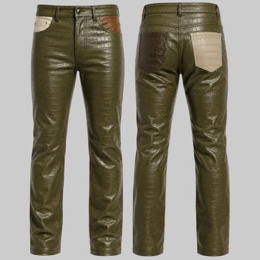 Olive Croc Embossed Leather Pants with Contrast Patch Pockets