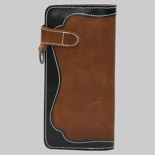 Handcrafted Two-Tone Western Leather Long Biker Wallet with Overlay Detail