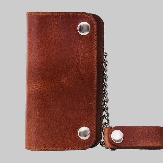Vintage Distressed Leather Long Biker Wallet with Single Snap Tab (Cognac Brown Edition)