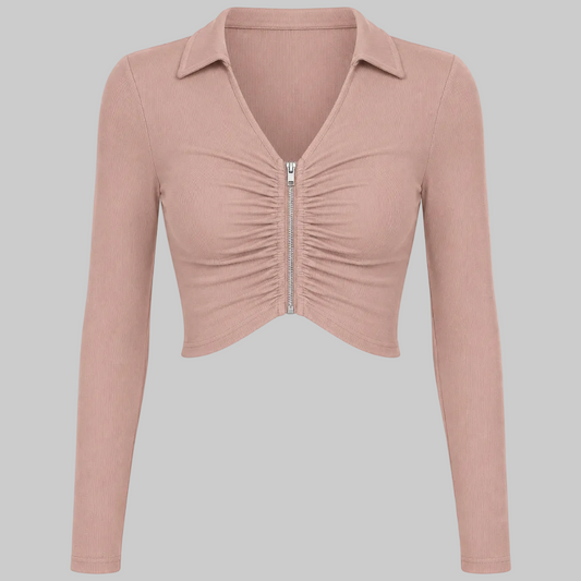 Women's Ruched Zip Front Ribbed Crop Top