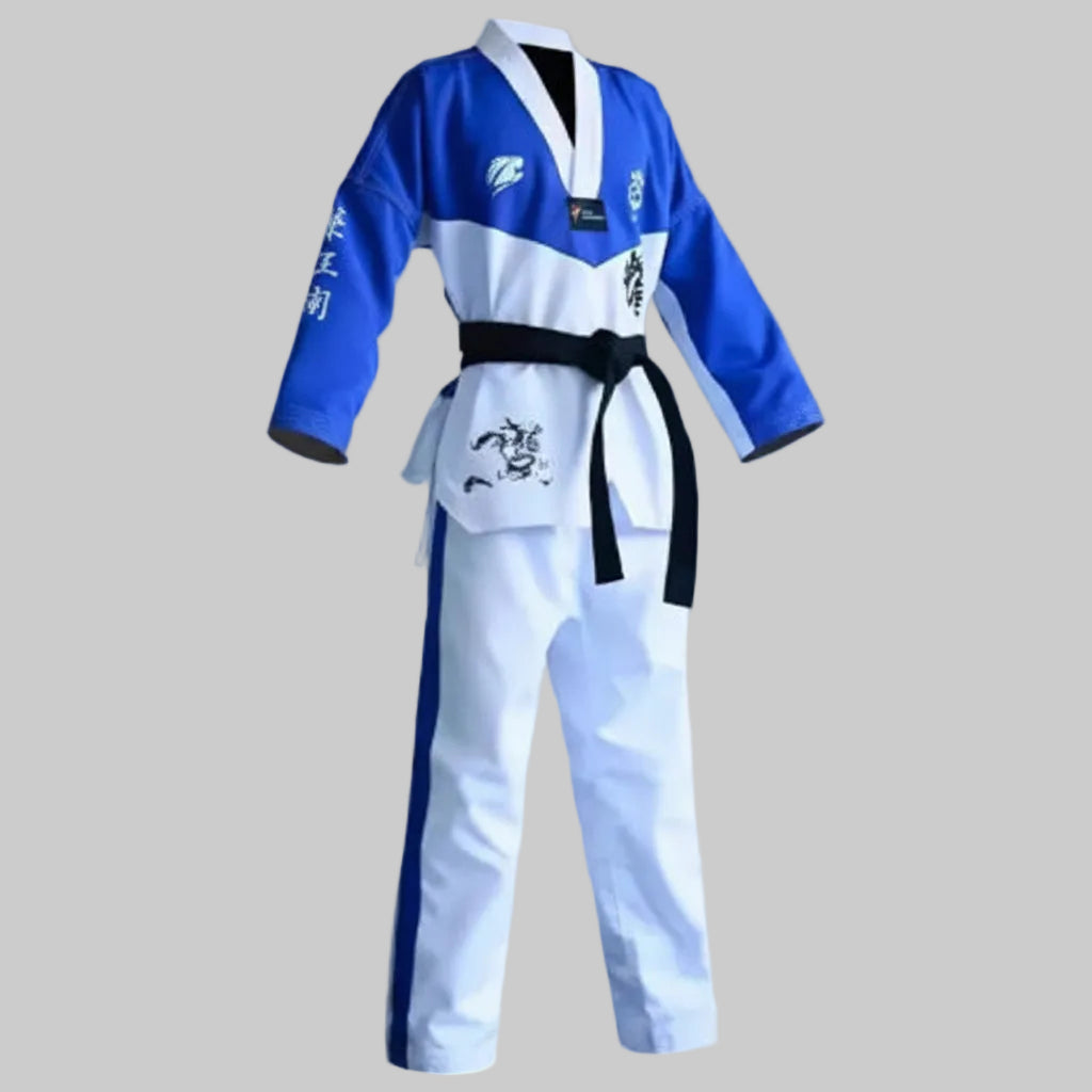 Premium Two-Tone V-Neck Taekwondo Dobok (Blue & White Paneled Set)