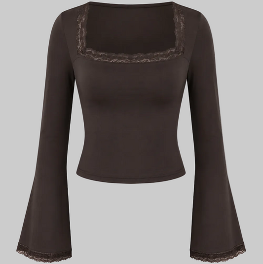 Women's Lace Trim Square Neck Bell Sleeve Crop Top