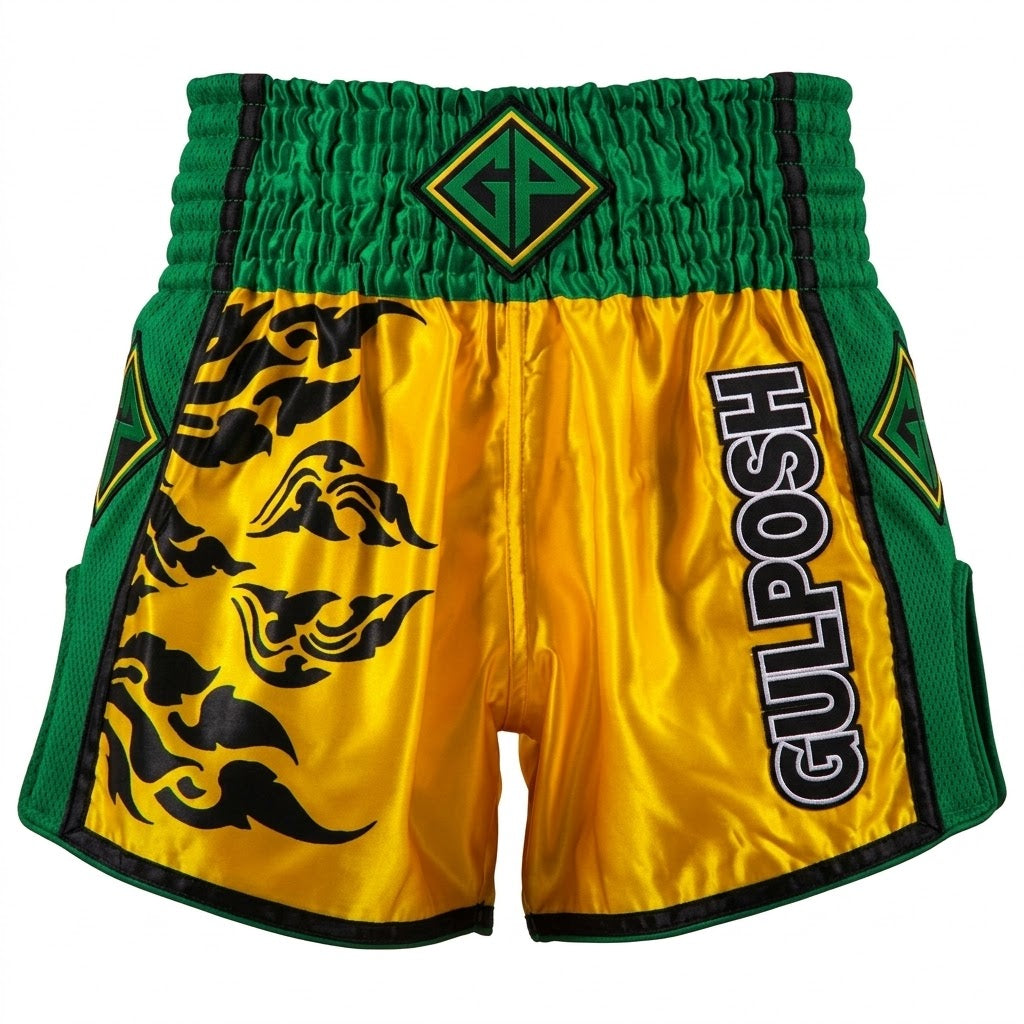 Gulposh Muay Thai Tiger Edition Kickboxing Shorts (Vibrant Yellow / Emerald Green).