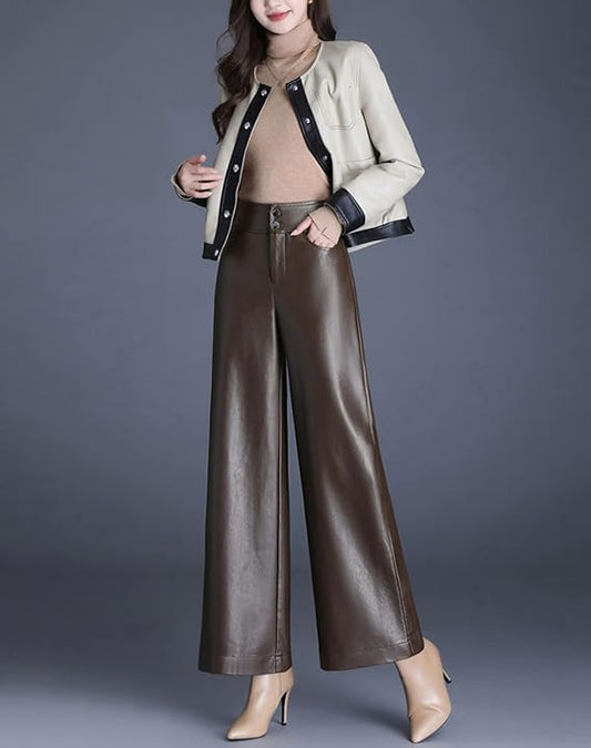 Gulposh Luxe "Cascade" Wide-Leg Leather Trousers
