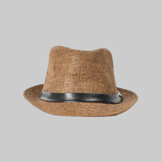 Brown Straw Trilby Fedora Hat with Black Band