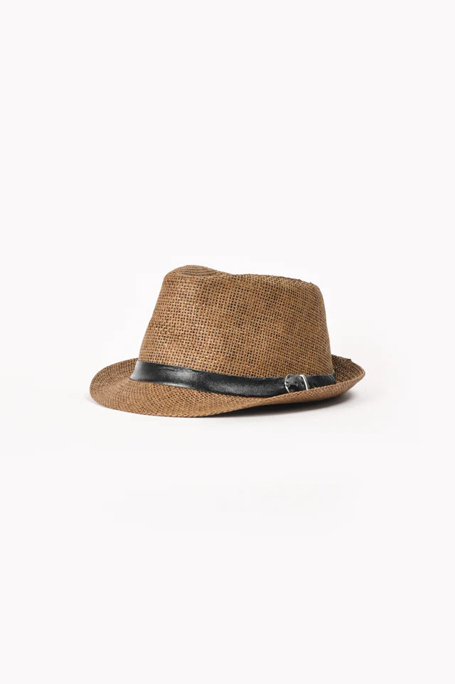 Brown Straw Trilby Fedora Hat with Black Band