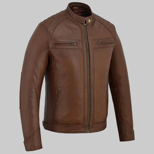 Men's "Quilt-Shoulder" Cognac Cafe Racer Leather Jacket