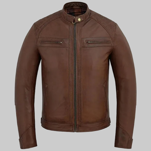 Men's "Quilt-Shoulder" Cognac Cafe Racer Leather Jacket