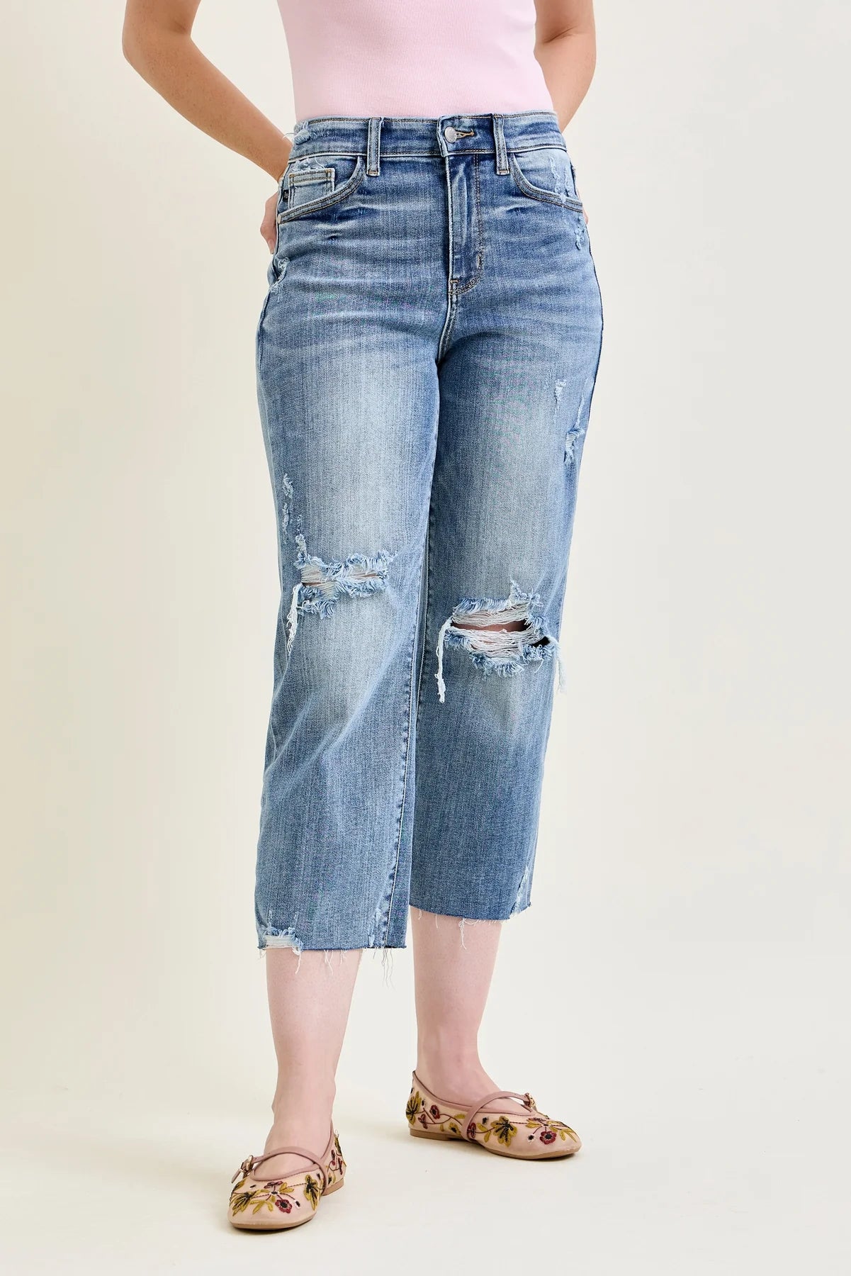 Gulposh Luxe "Canyon Breeze" Distressed Crop Wide-Leg Jeans