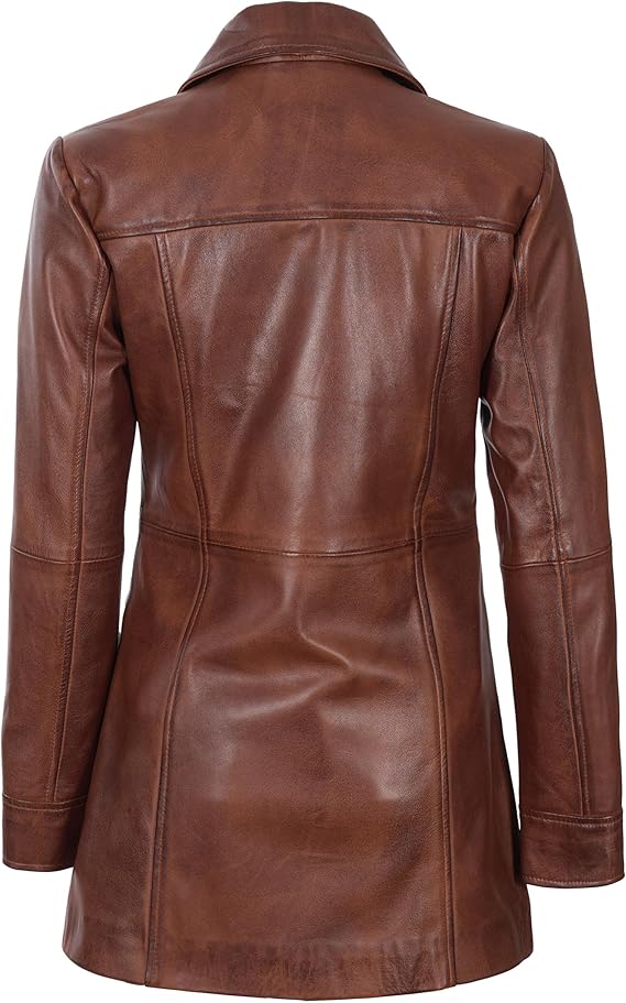 Women's Classic Brown Leather Car Coat