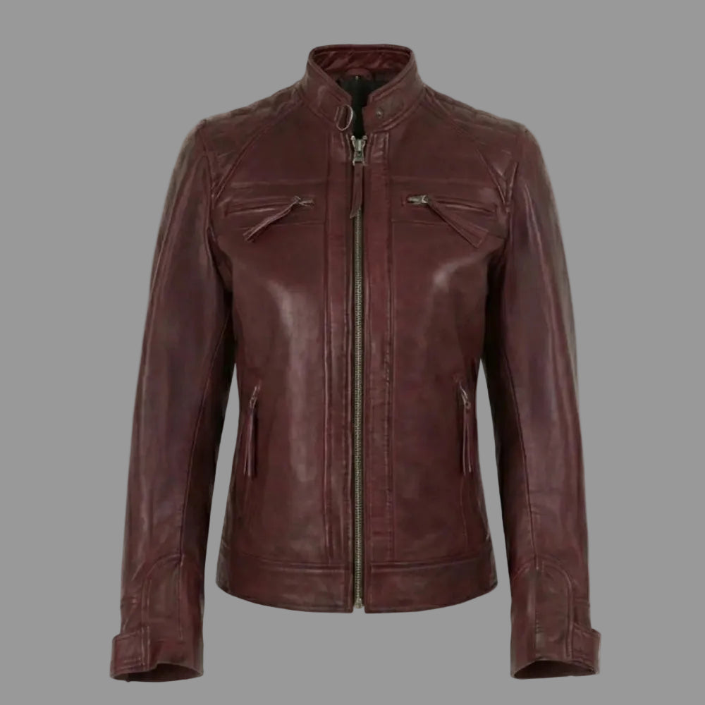 The "Racer-X" Women's Quilted Biker Jacket Deep Maroon