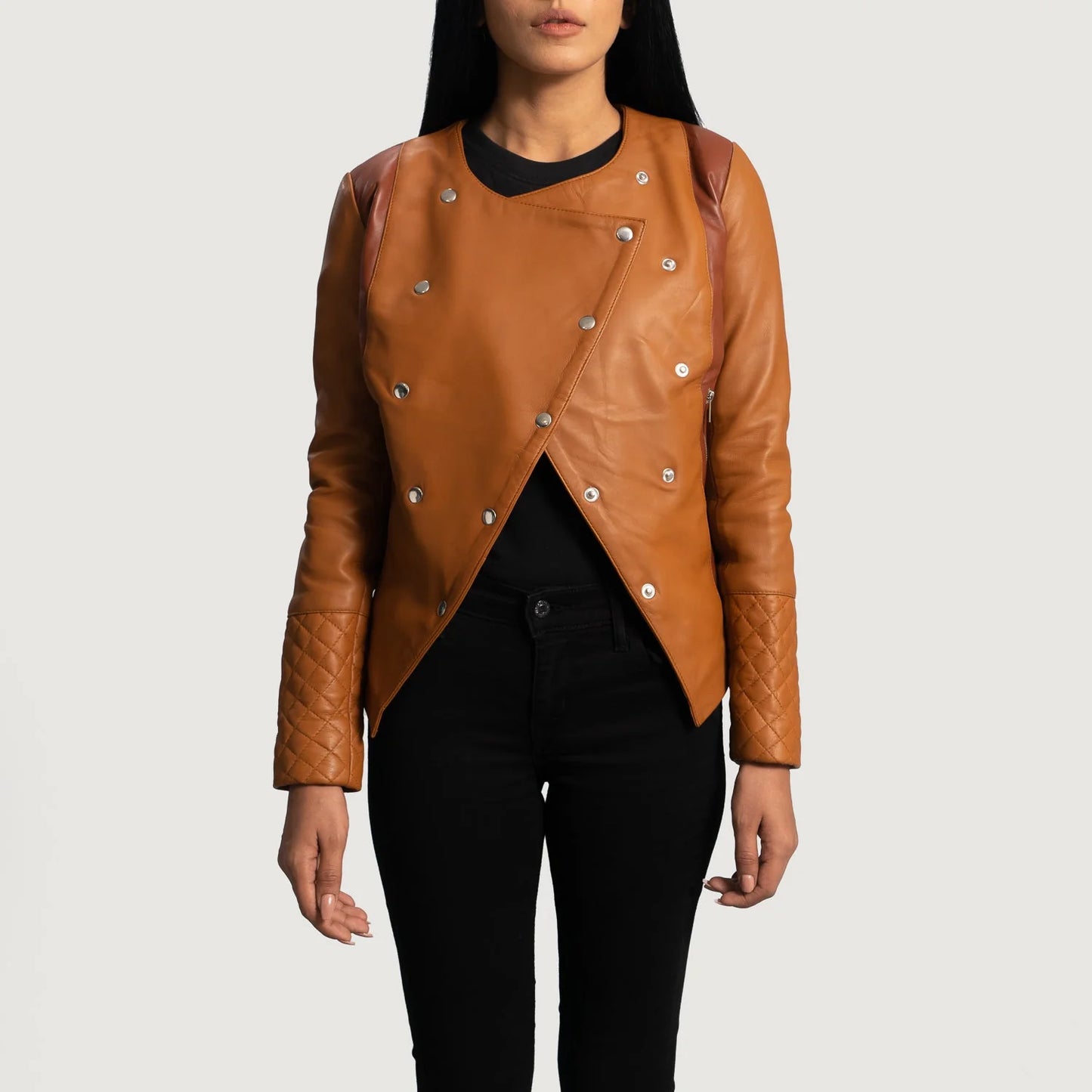 Women's Two-Tone Asymmetrical Leather Jacket (Quilted Sleeve Edition).