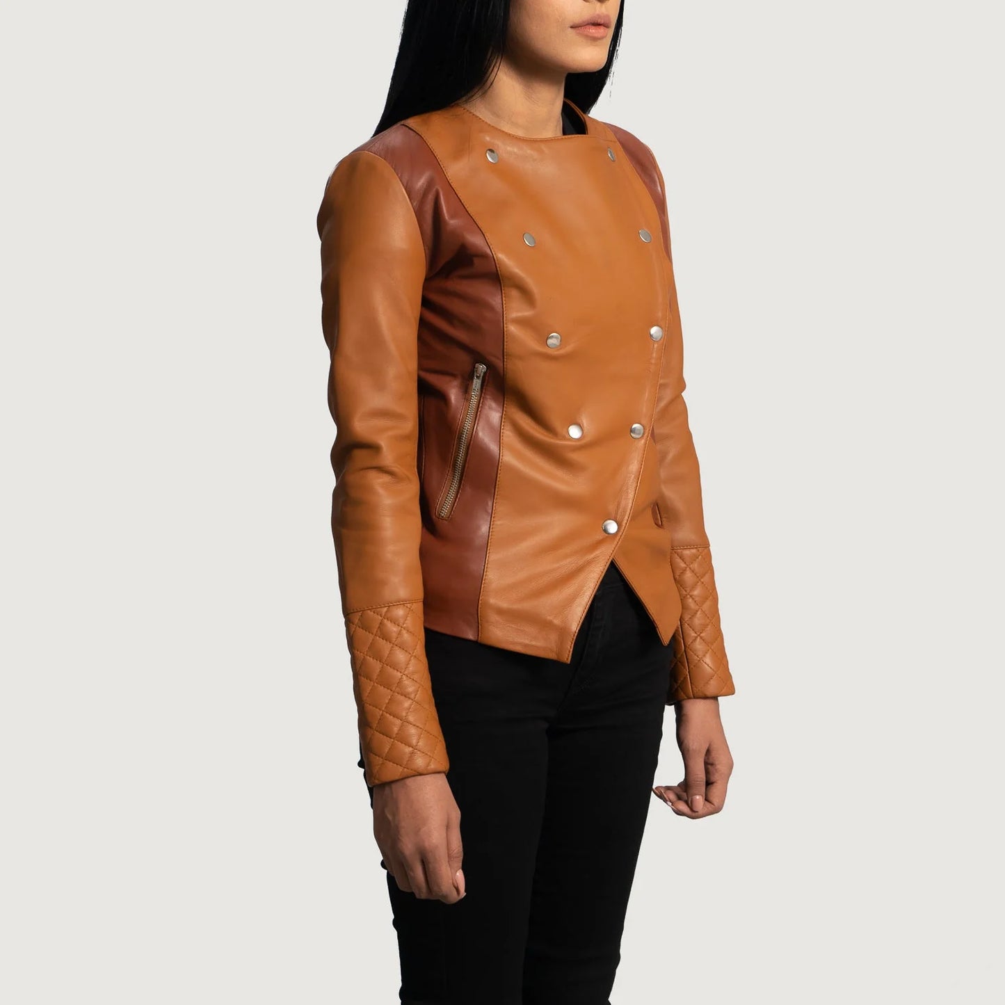 Women's Two-Tone Asymmetrical Leather Jacket (Quilted Sleeve Edition).