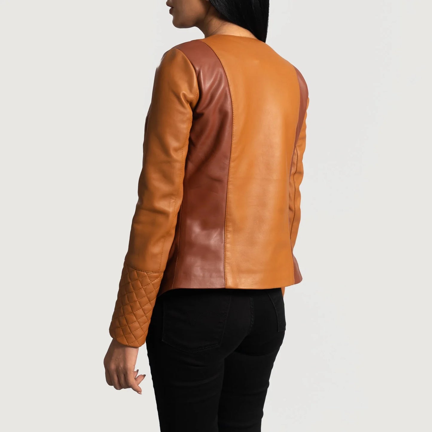 Women's Two-Tone Asymmetrical Leather Jacket (Quilted Sleeve Edition).
