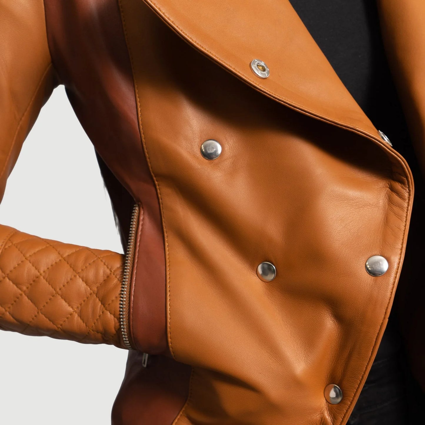 Women's Two-Tone Asymmetrical Leather Jacket (Quilted Sleeve Edition).