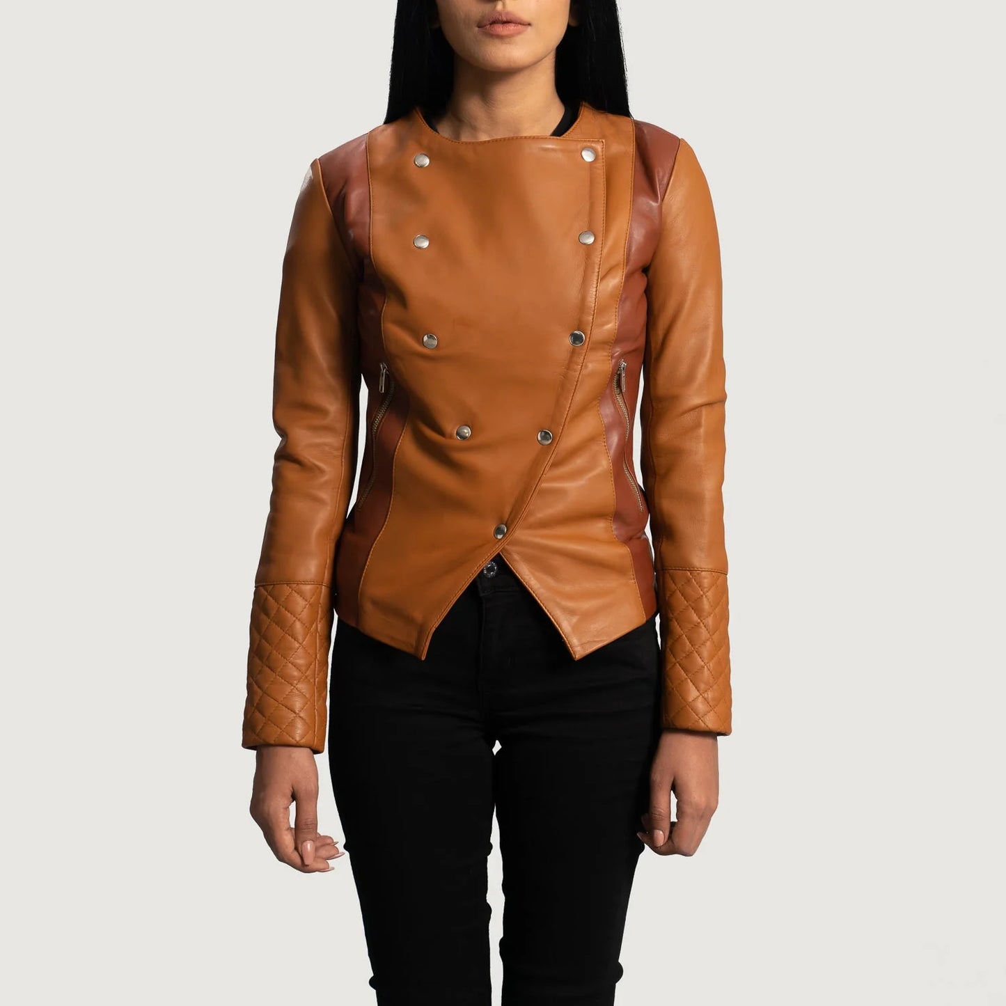 Women's Two-Tone Asymmetrical Leather Jacket (Quilted Sleeve Edition).