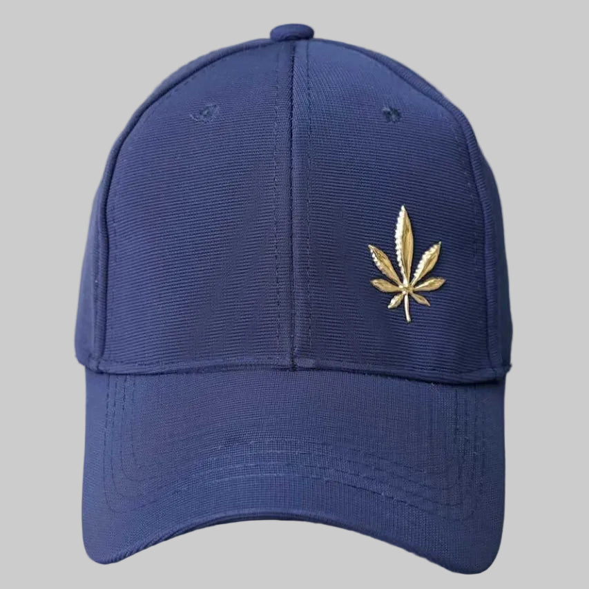 Navy Blue Structured Cap with Gold Metallic Leaf Emblem