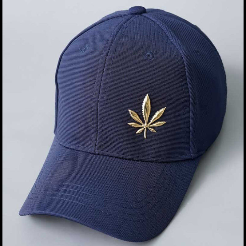 Navy Blue Structured Cap with Gold Metallic Leaf Emblem