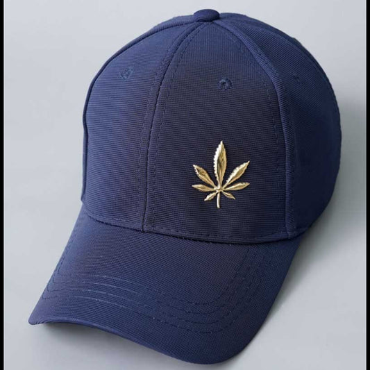 Navy Blue Structured Cap with Gold Metallic Leaf Emblem