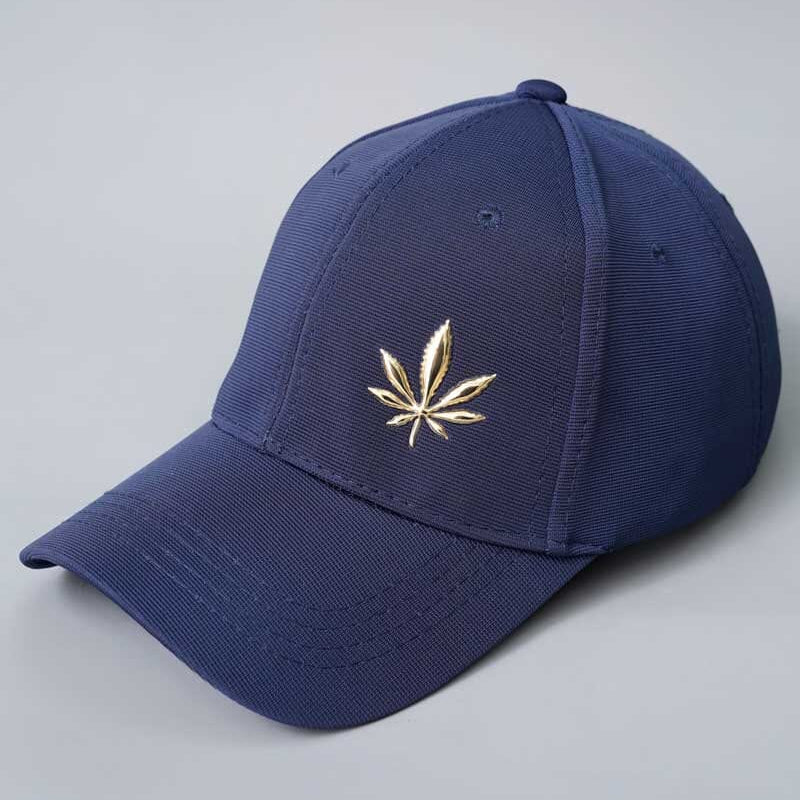Navy Blue Structured Cap with Gold Metallic Leaf Emblem