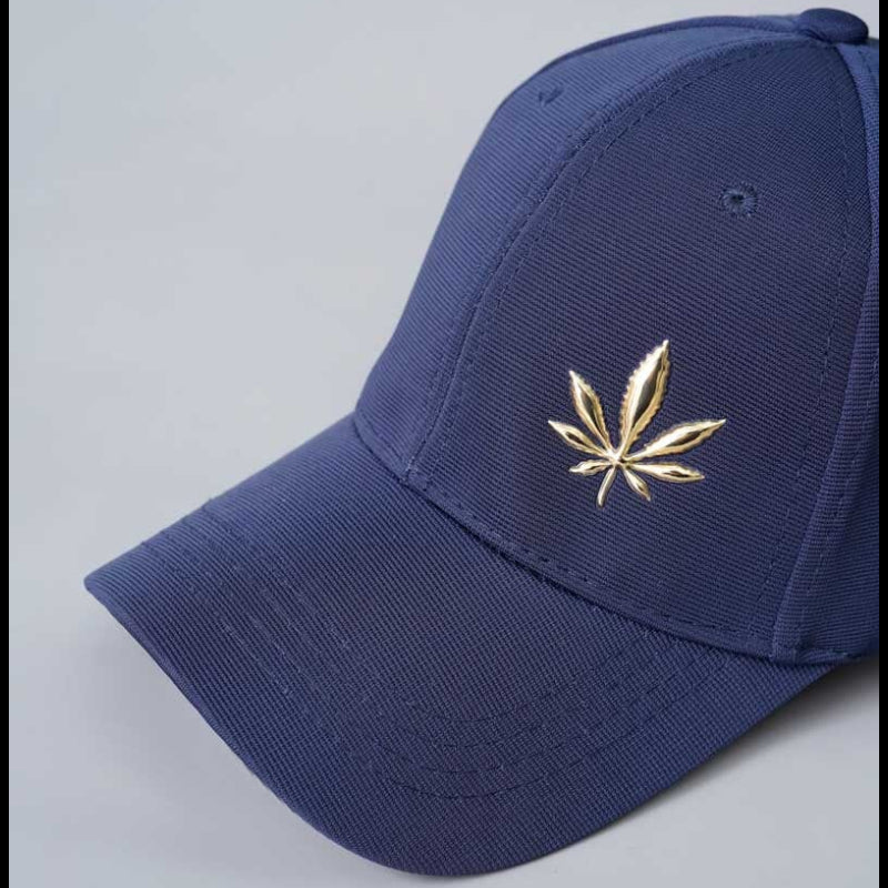 Navy Blue Structured Cap with Gold Metallic Leaf Emblem