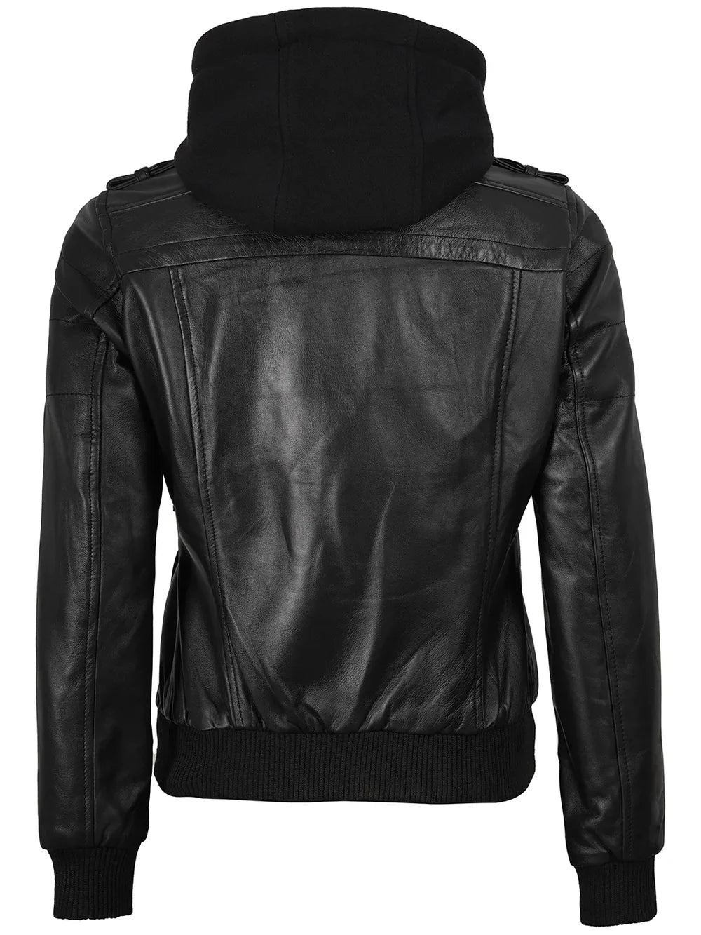 Edinburgh Women's Hooded Black Leather Bomber Jacket (Moto-Style).