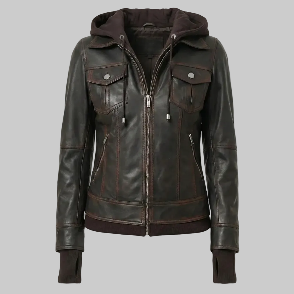 Women's Dark Brown Hooded Leather Bomber Jacket (Tralee Distressed Style).