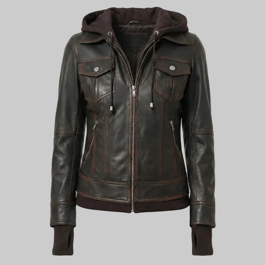 Women's Dark Brown Hooded Leather Bomber Jacket (Tralee Distressed Style).