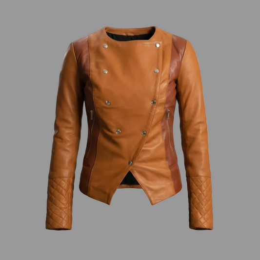 Women's Two-Tone Asymmetrical Leather Jacket (Quilted Sleeve Edition).
