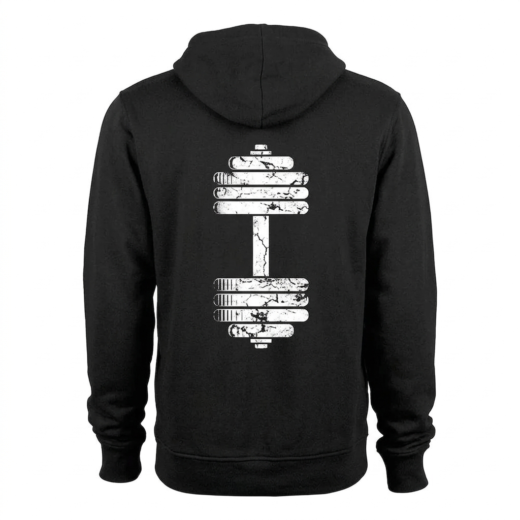 The Urban Strength Fist & Barbell distressed hoodie.