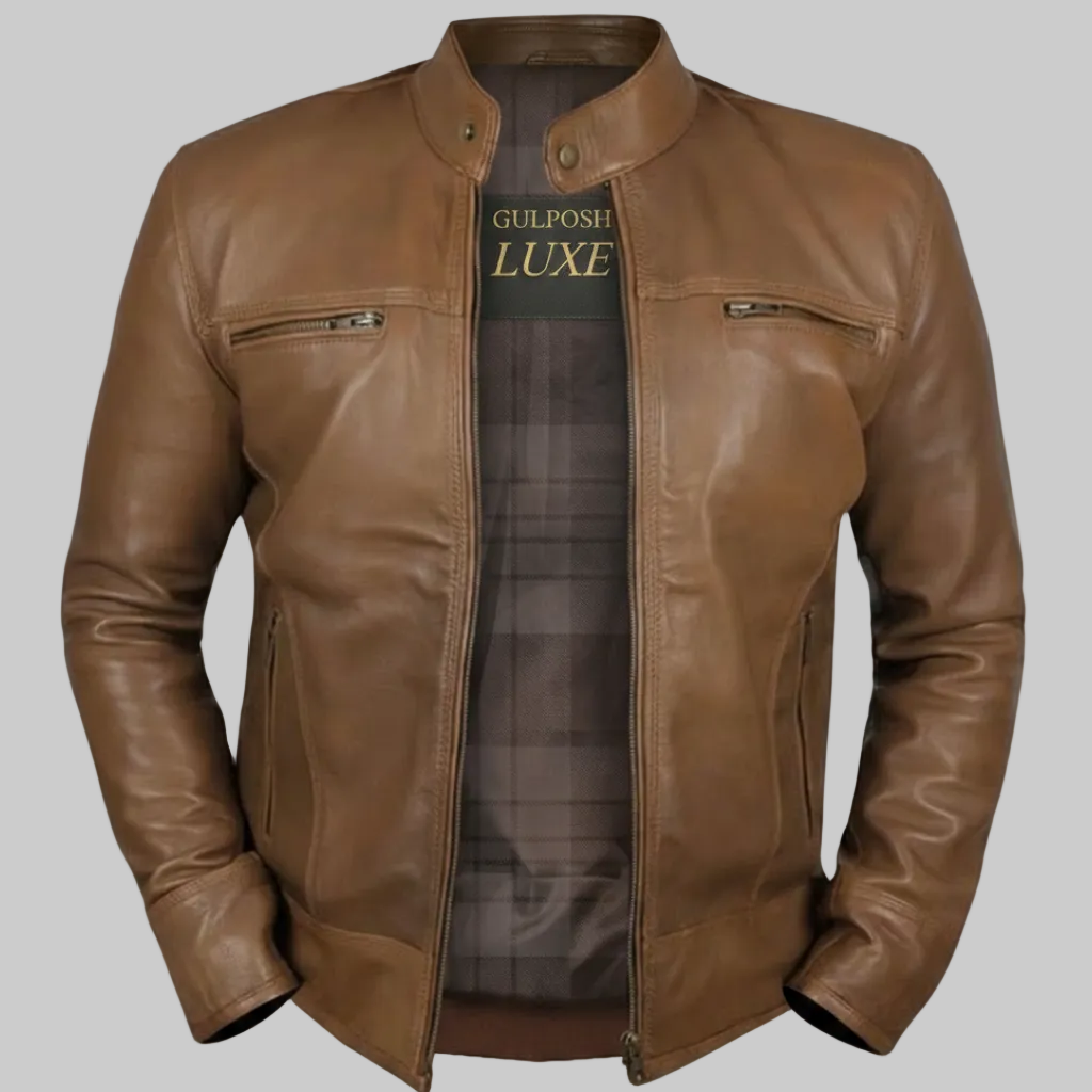 Men's "Heritage" Camel Tumbled Leather Biker Jacket