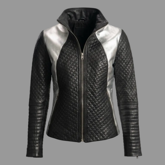 Alia Metallic Black Leather Biker Jacket