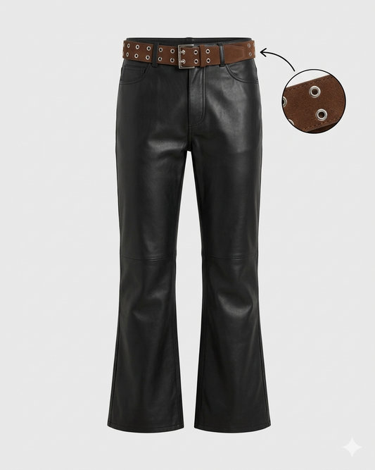 Women's High-Waist Leather Flared Pants with Studded Belt