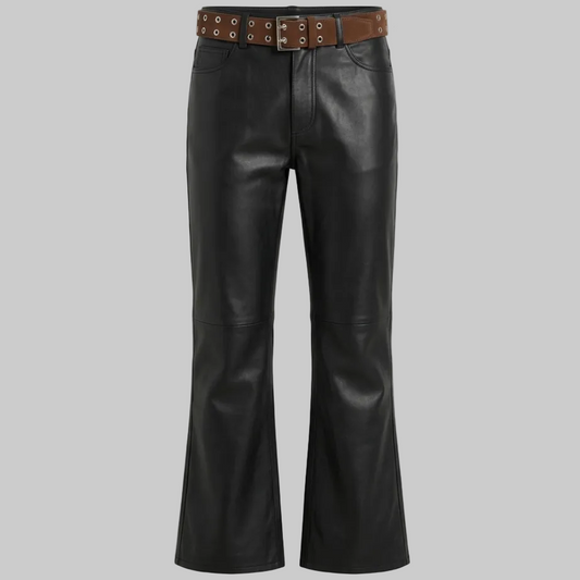 Women's High-Waist Leather Flared Pants with Studded Belt