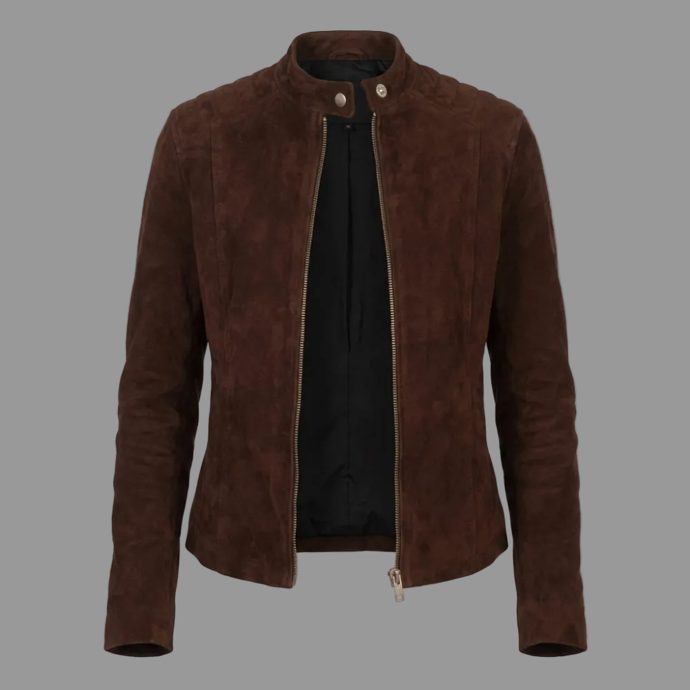 Women's Chocolate Suede Cafe Racer Jacket (Quilted Shoulder Moto).