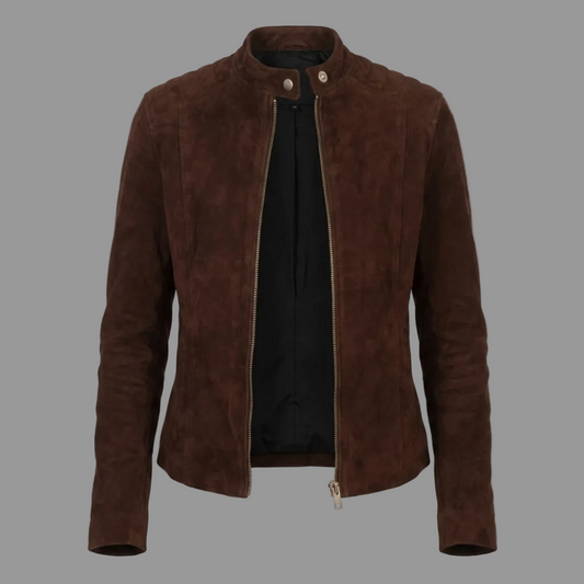 Women's Chocolate Suede Cafe Racer Jacket (Quilted Shoulder Moto).