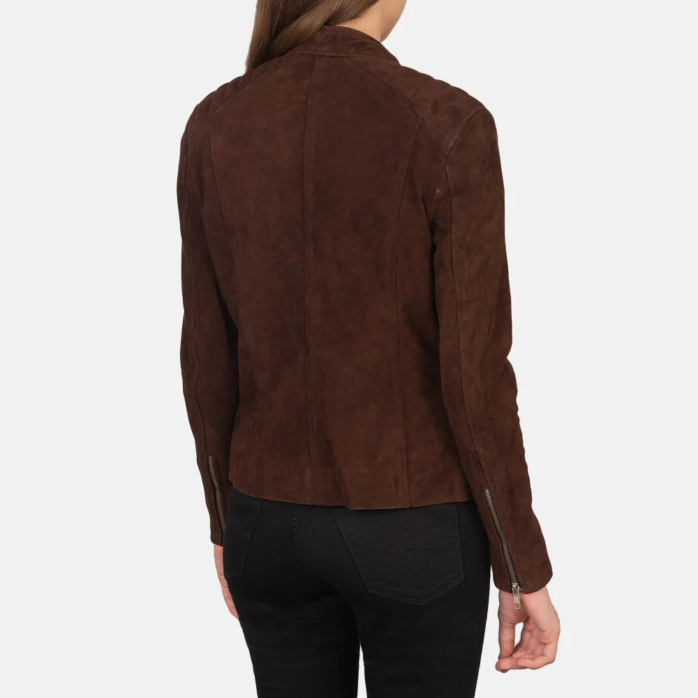 Women's Chocolate Suede Cafe Racer Jacket (Quilted Shoulder Moto).