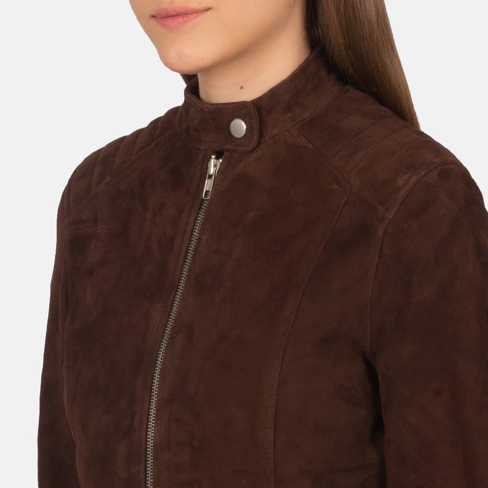 Women's Chocolate Suede Cafe Racer Jacket (Quilted Shoulder Moto).