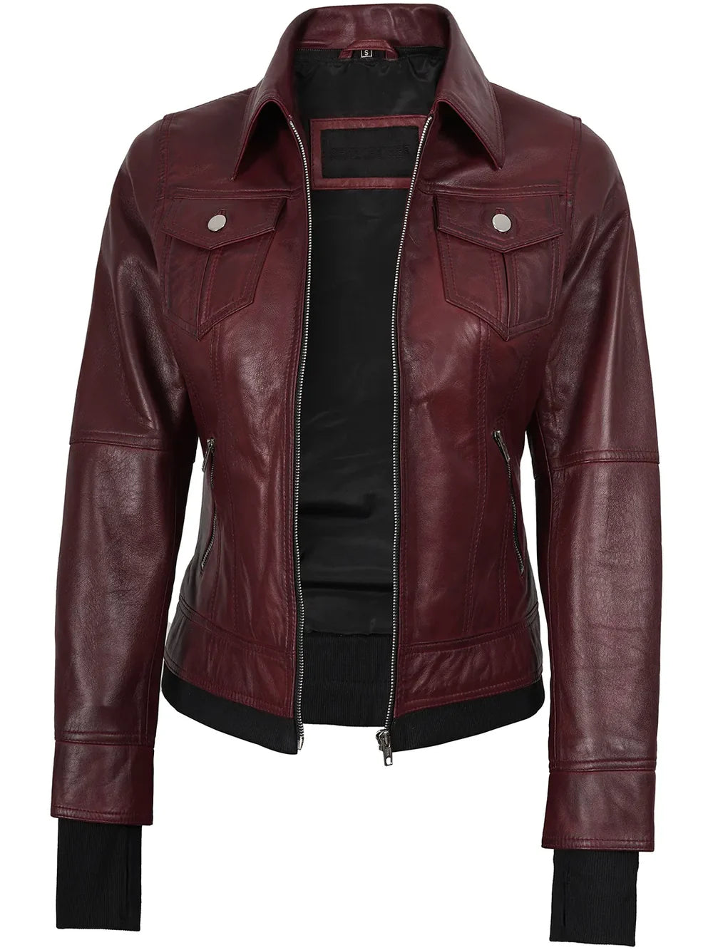 Women's Maroon Hooded Bomber Leather Jacket