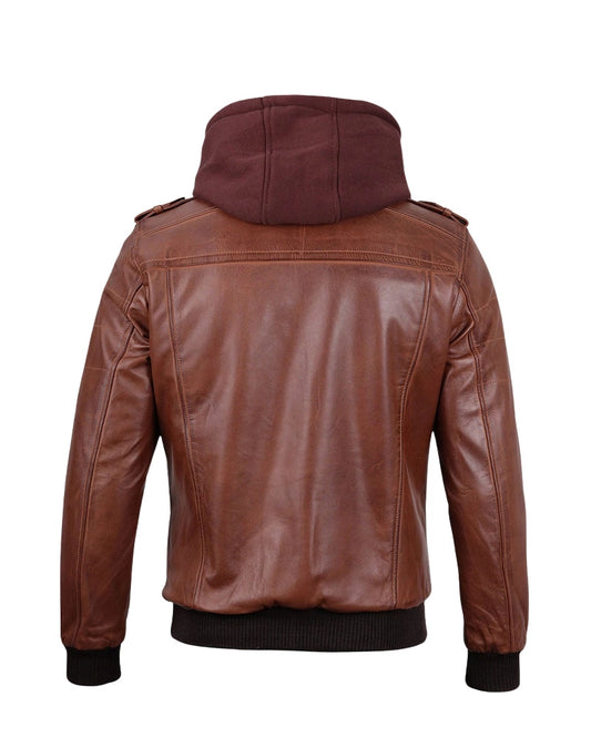 Menâ€™s Brown Leather Bomber Jacket with a Removable Hood.