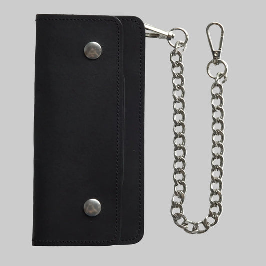 Classic Genuine Leather Long Trucker Biker Wallet with Anti-Theft Metal Chain (Onyx Black Edition).