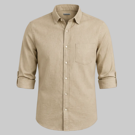 Men’s Beige / Khaki Linen Blend Roll-Up Sleeve Shirt