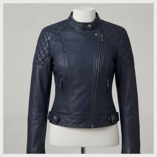 Women’s Deep Navy Quilted Shoulder Leather Biker Jacket