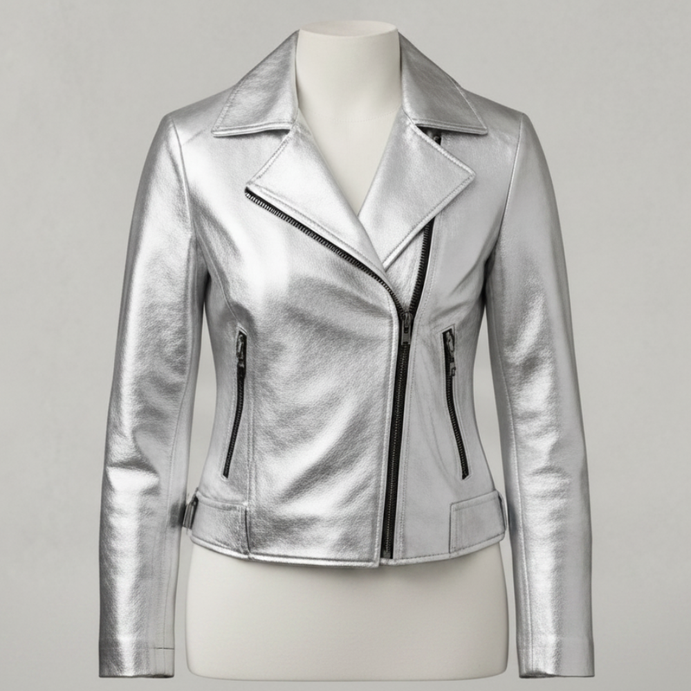 Women’s Metallic Silver Asymmetric Biker Jacket